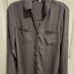 Express Gray Button-Front Women's Blouse